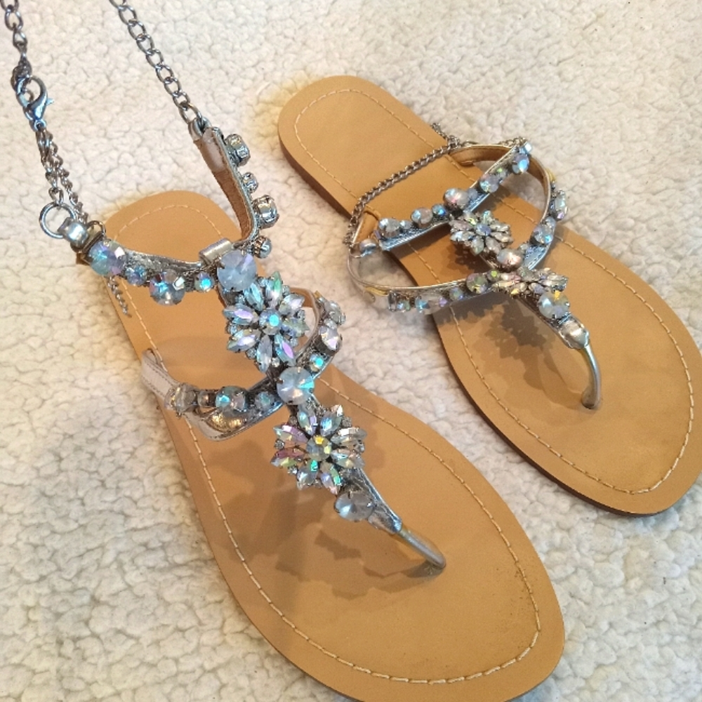 EUC | Jeweled | Flat | Chain Ankle Strap | Sandals | Women | Sz: 10US |10.75"x4"